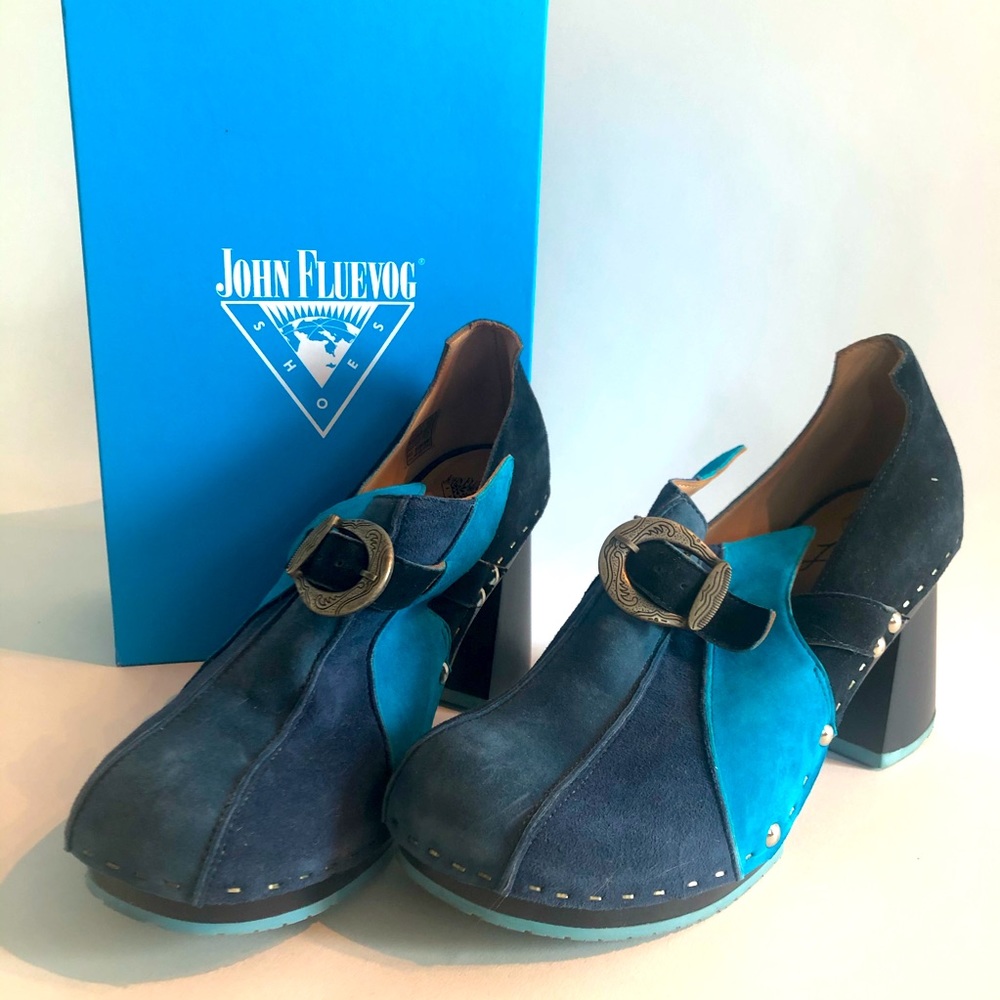 John Fluevog Amor blue suede clog heels 8.5
